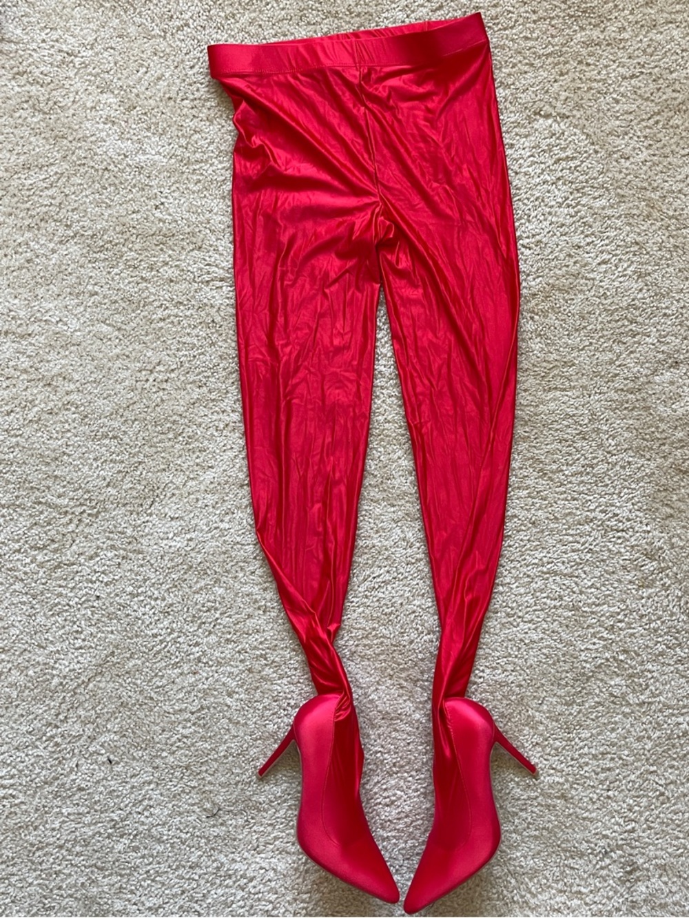 NEW!Women's Red Satin-Look High-Waist Shoe Leggings